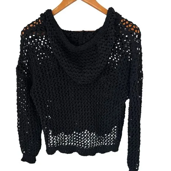 NICOLE MILLER ARTELIER Sweater Womens Medium Black Crochet Hoodie Vacation - Picture 6 of 11